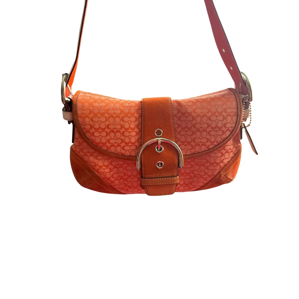Coach Soho Flap Bag Women Medium Orange Signature Canvas Suede 6818